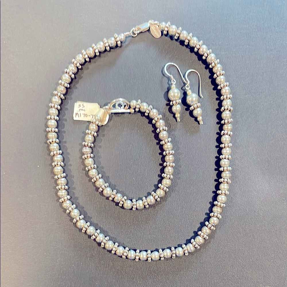 Sterling Silver Beaded Necklace with Matching Bracelet and Earrings